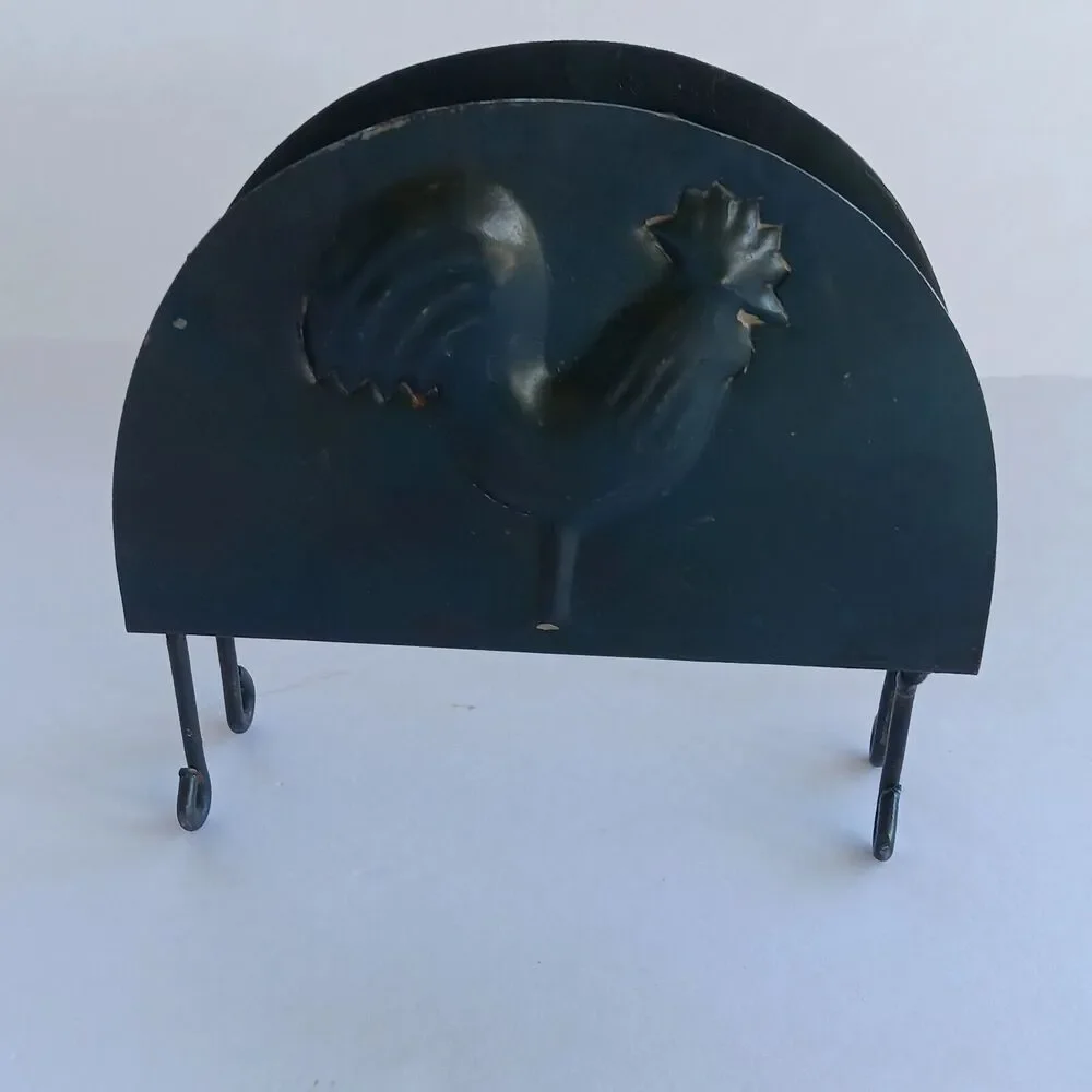 Farmhouse Napkin Metal Holder w/Toile Napkins Imprinted Rooster Primitive